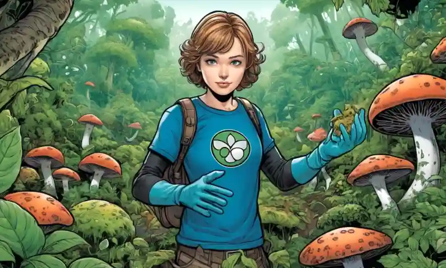Una persona con guantes rodeado de hongos y vegetación, con logotipos en el fondo.