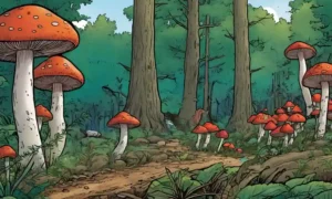 Imagen con hongos entre árboles