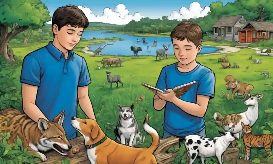 La conexión entre humanos, animales y naturaleza dentro de un entorno educativo, con estudiantes que realizan actividades prácticas.