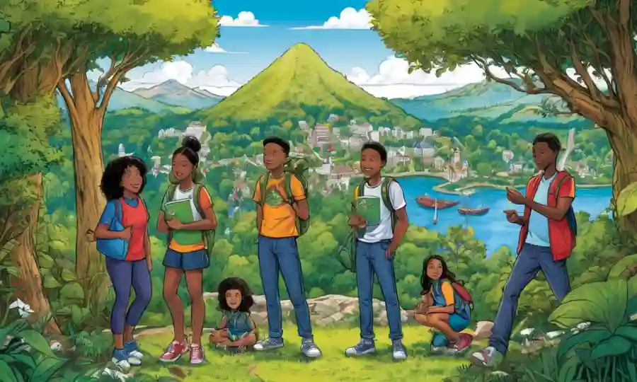 Un grupo diverso de estudiantes en armonía, rodeado de naturaleza y símbolos educativos.