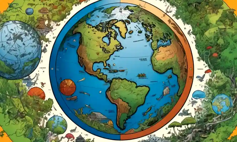 Un globo terroso rodeado de diagramas de ecosistemas interconectados, enfatizando la armonía y el equilibrio.