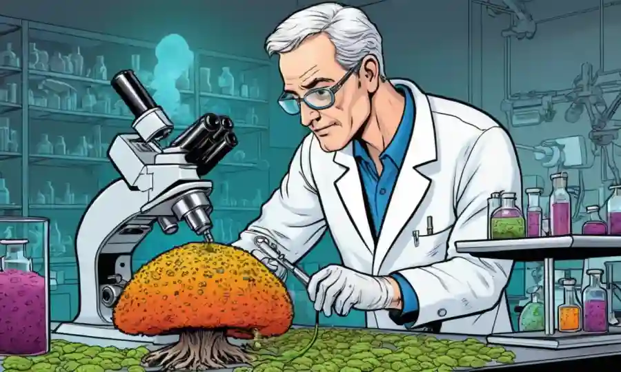 Un científico en un laboratorio que estudia el crecimiento de hongos bajo el microscopio.