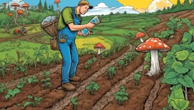 Farmer inspecting fungi growth in soil