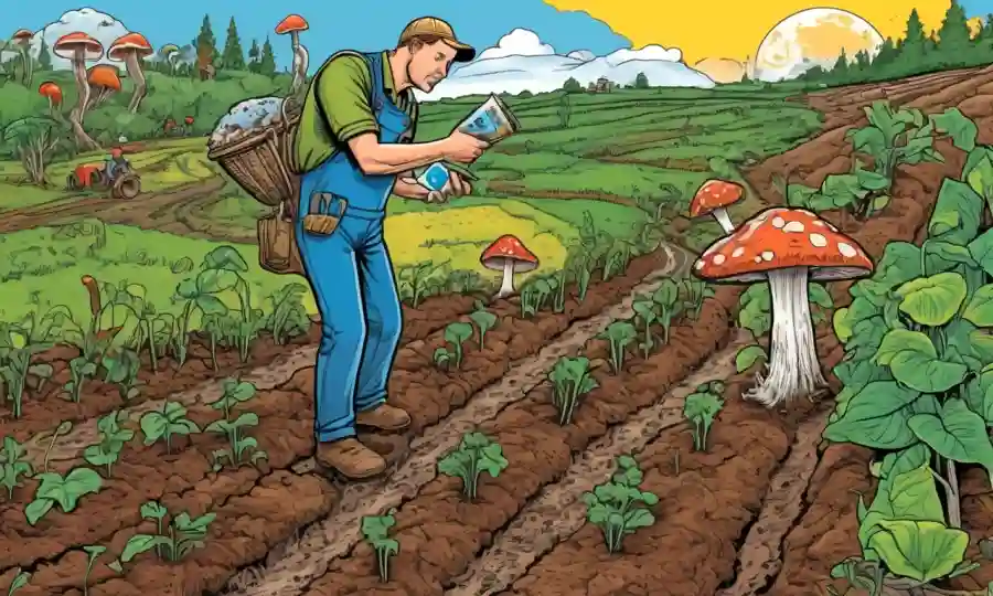 Farmer inspecting fungi growth in soil