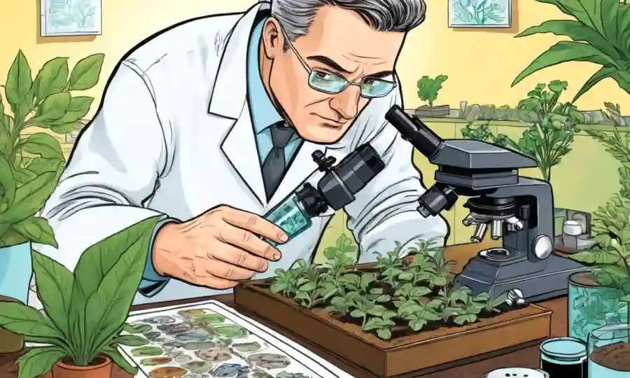 Un científico que examina una diapositiva de microscopio, rodeado de plantas y muestras de suelo.