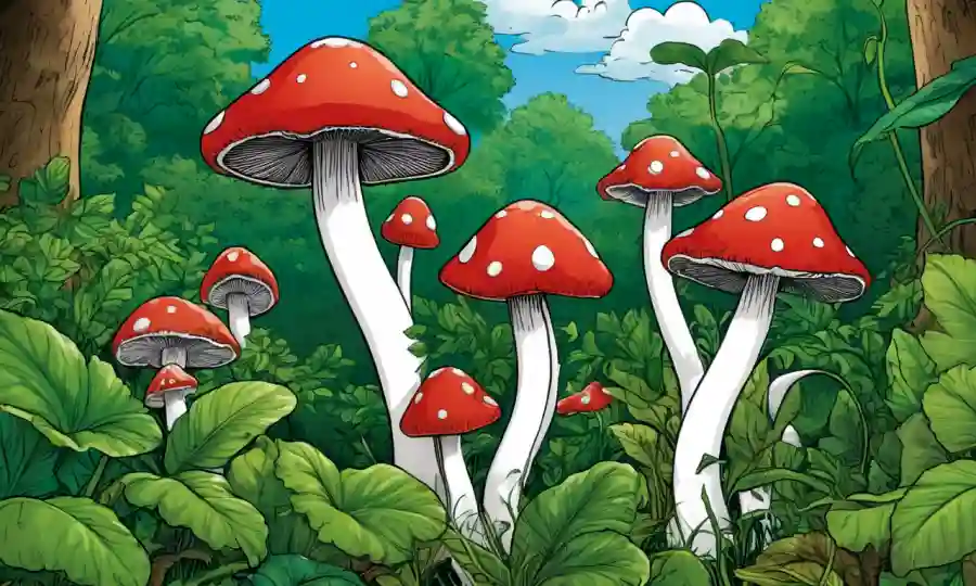 Setas creciendo en medio de una vegetación exuberante, simbolizando el equilibrio ecológico y las relaciones simbióticas.