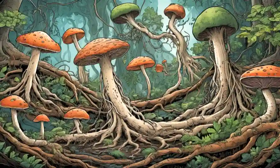 Ilustración de hongos que conectan diferentes raíces vegetales