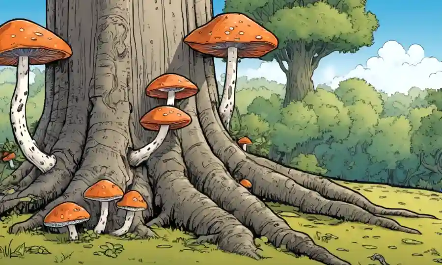 Fungi creciendo desde un tronco de árboles con varios ecosistemas en el fondo.