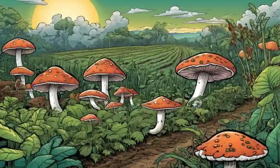 Los hongos crecen en un entorno agrícola sostenible con diversos cultivos y elementos de los ecosistemas.