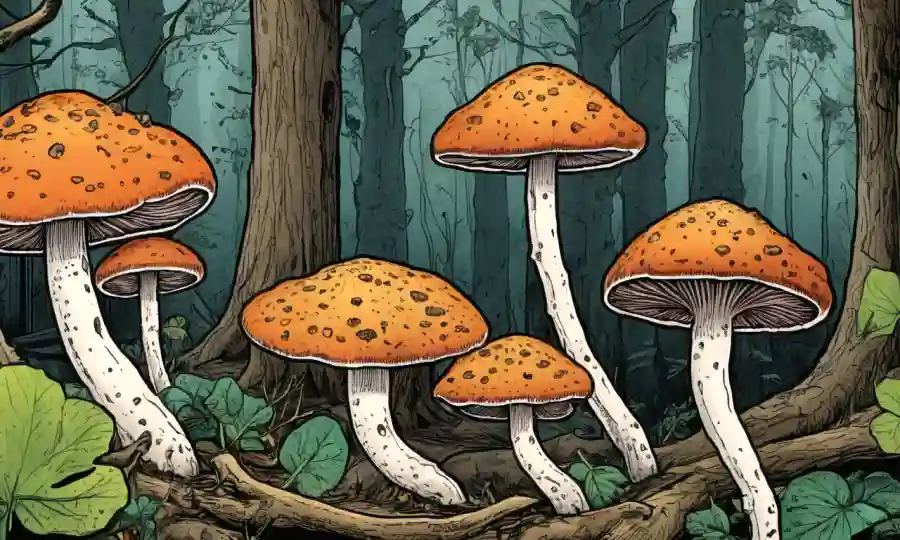 Ilustraciones científicas de hongos con flechas destacando el papel de misceliums en el crecimiento y la reproducción.