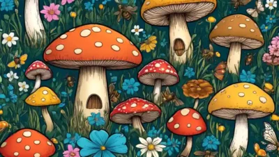 Setas rodeadas de flores y abejas
