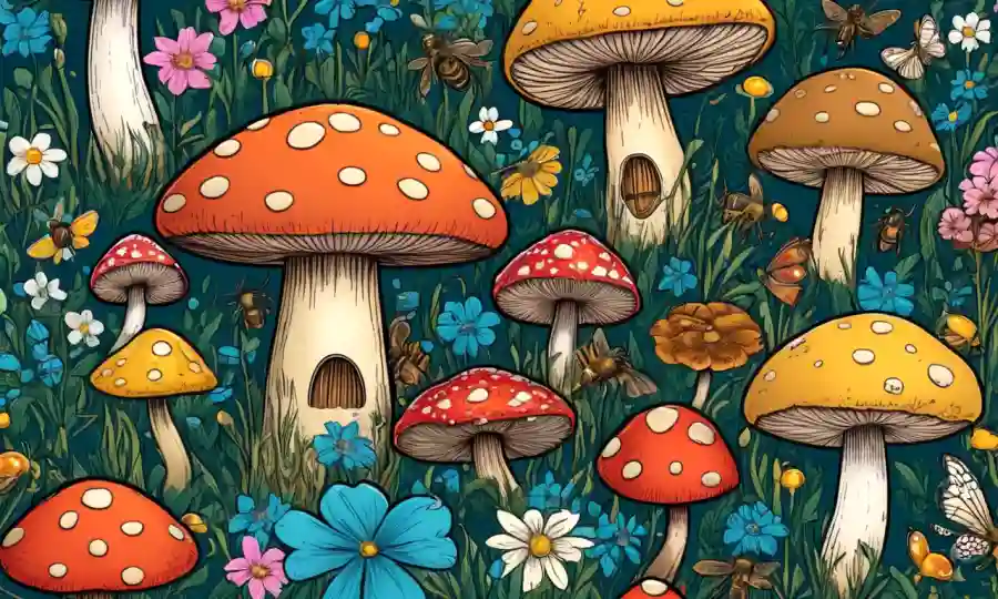 Setas rodeadas de flores y abejas