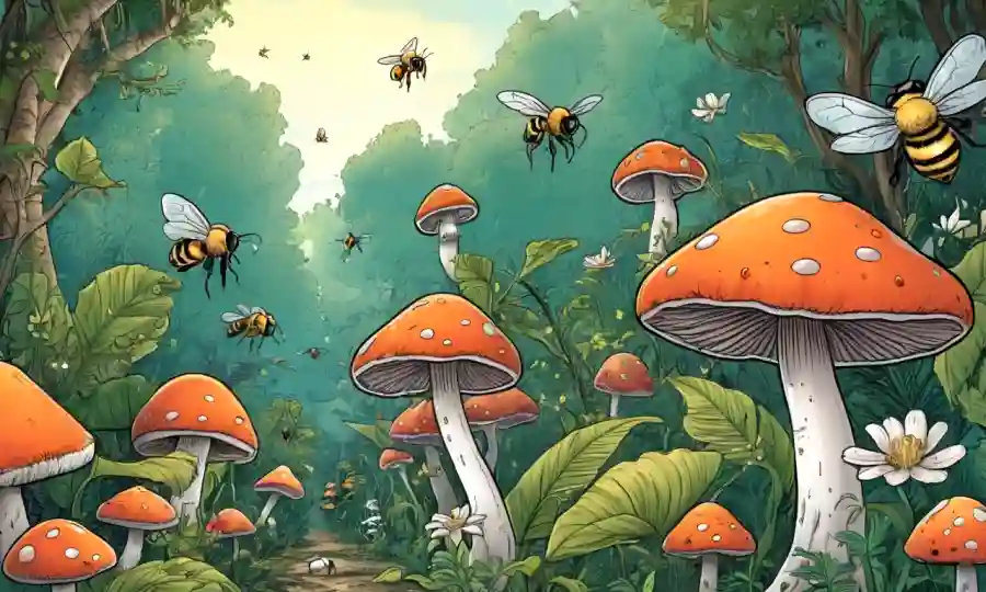 Muestras de setas entre vegetación exuberante con abejas y otros polinizadores.