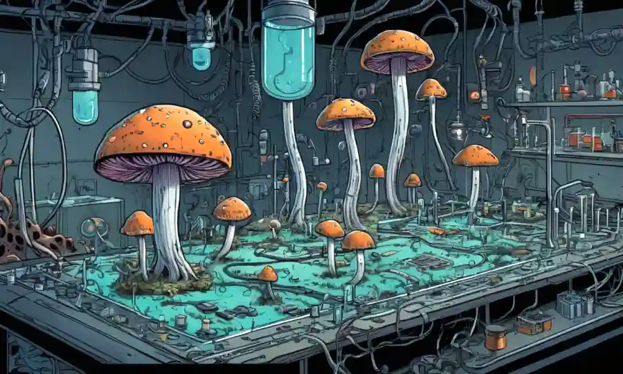 Fungi creciendo en una superficie de laboratorio con circuitos y conceptos energéticos.