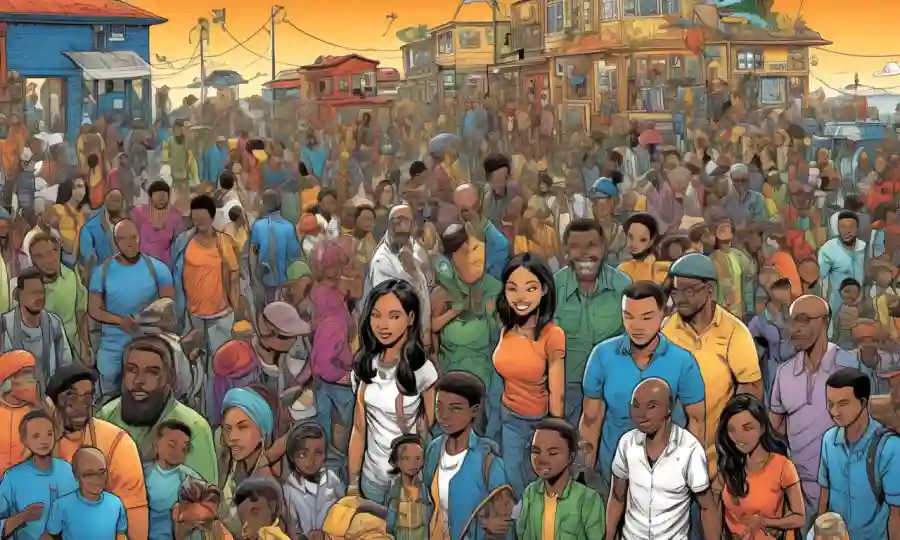Ilustración de personas y recursos interconectados dentro de diversos entornos comunitarios.