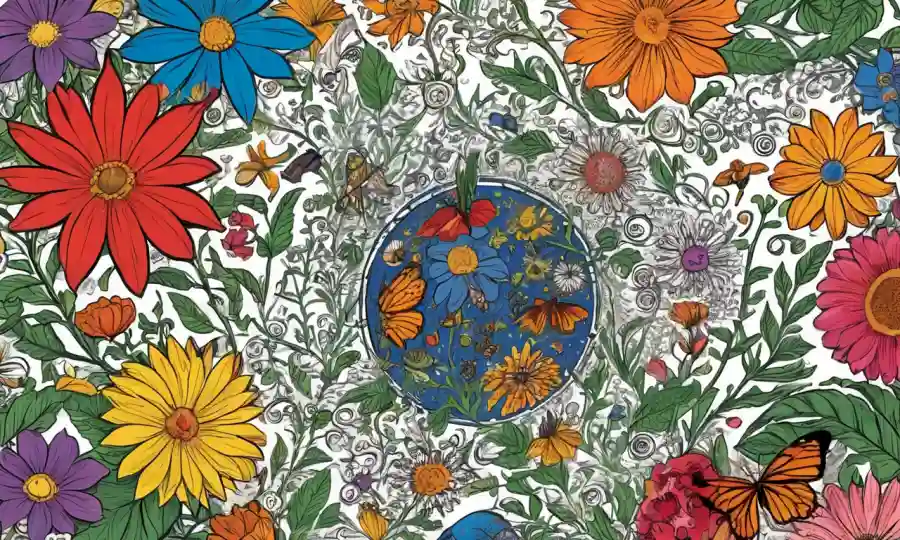 Un patrón floral floreciente que representa relaciones simbióticas entre comunidades, rodeado de texto en español.