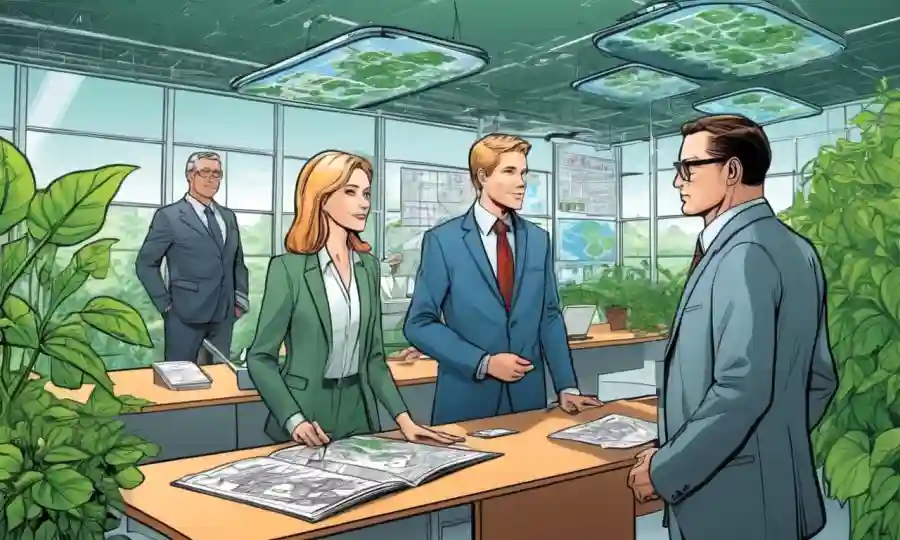 Personas de negocios trabajando juntas frente a diagramas agrícolas futuristas y plantas verdes.