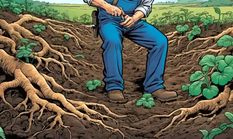 Farmer inspecting healthy plant roots connecting to fungi in soil.