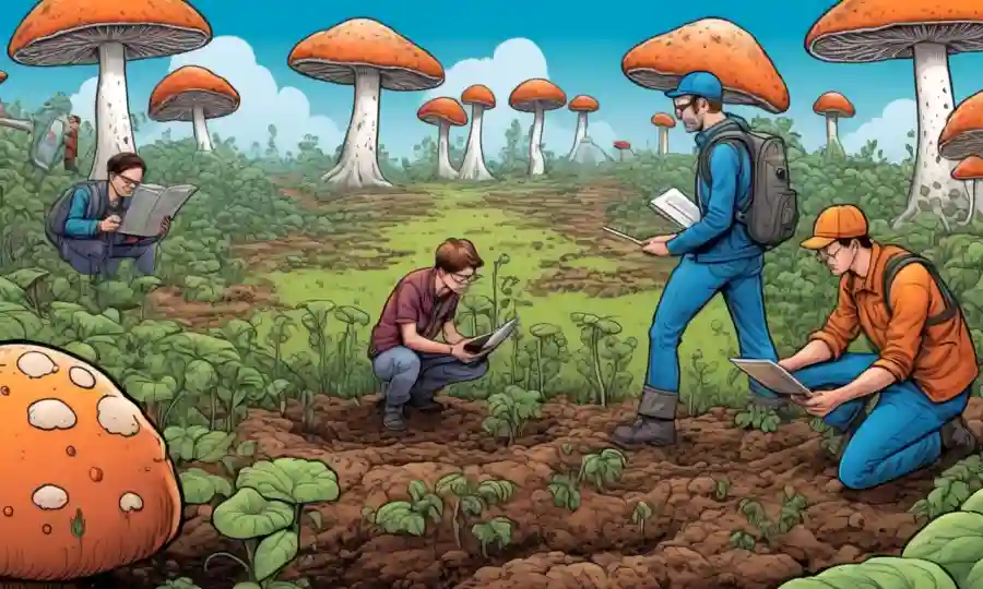 Investigadores que estudian el crecimiento de hongos en el suelo con ideas innovadoras de startup en el fondo.