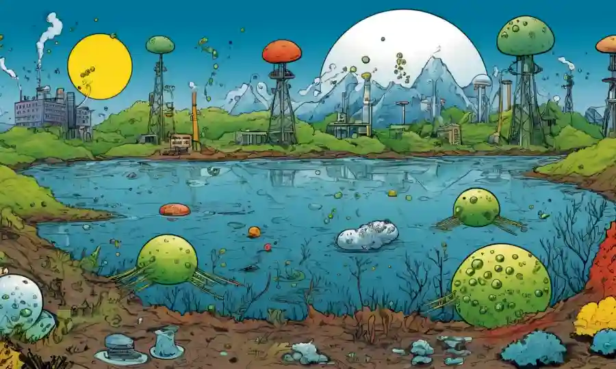 Ilustraciones científicas de microorganismos en un entorno contaminado, con gráficos y diagramas en el fondo.