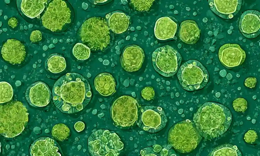 Bacterias endofitas microscópicas rodeadas de células vegetales y conceptos de remediación ambiental.