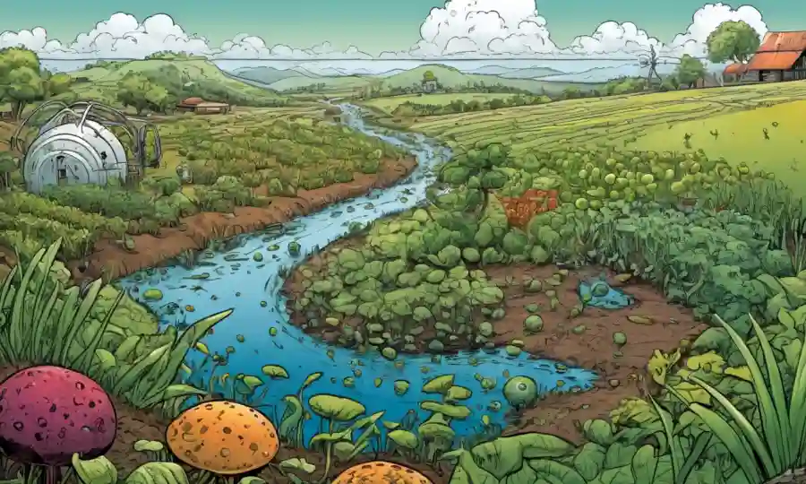 Ilustración de una relación simbiótica entre microorganismos y plantas en un entorno agrícola sostenible.