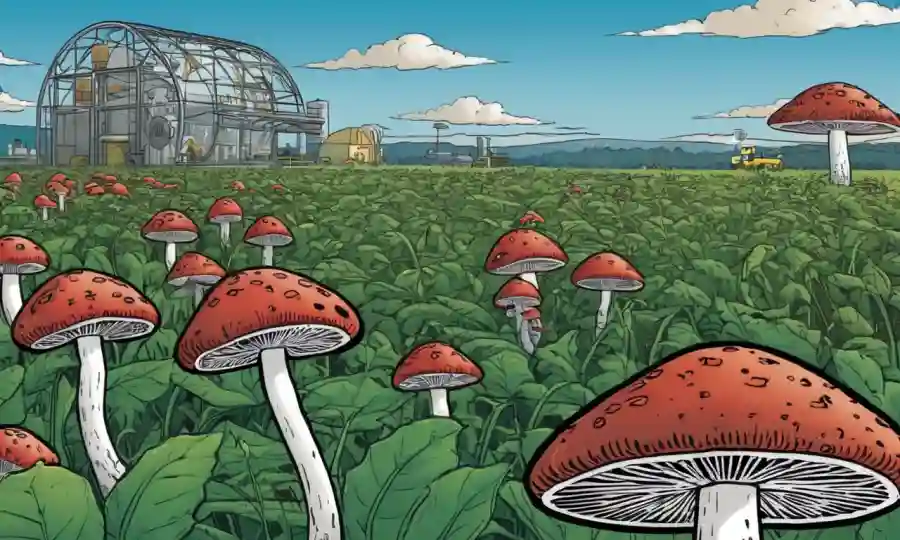 Mushrooms growing among crops with pesticides under development in background labs.