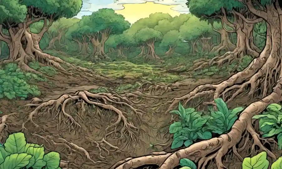 Microorganismos que prosperan entre las raíces vegetales en un paisaje agroforestal.