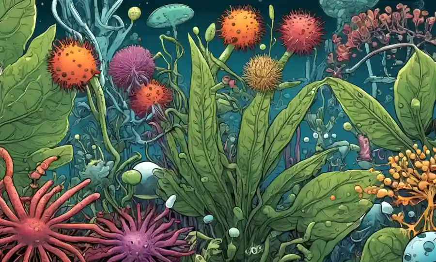 Las ilustraciones de varias plantas interactúan con organismos microscópicos, rodeados de elementos tecnológicos y científicos.
