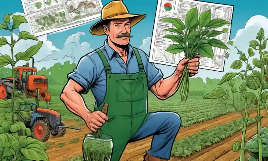 Un agricultor que sostiene un tallo de planta, con varios diagramas y diagramas que rodean el concepto de relaciones simbióticas en la agricultura.
