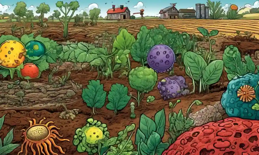 Imágenes microscópicas de microbios beneficiosos rodeados de iconos agrícolas como plantas y suelo.