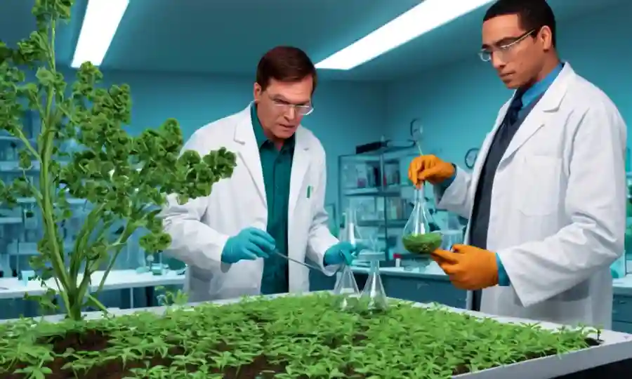 Personas que examinan el crecimiento de plantas endofitas en un entorno de laboratorio.