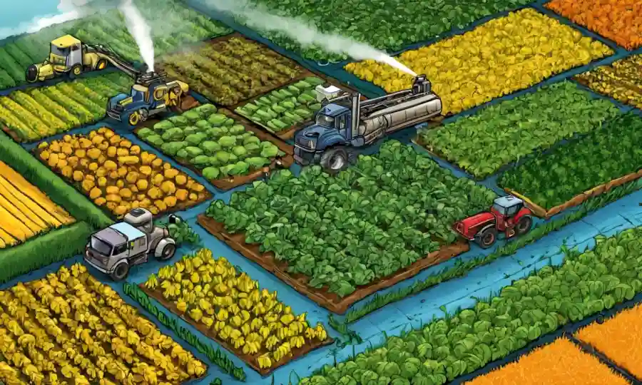 Vista aérea de diferentes cultivos y campos con microbios o sistemas integrados.