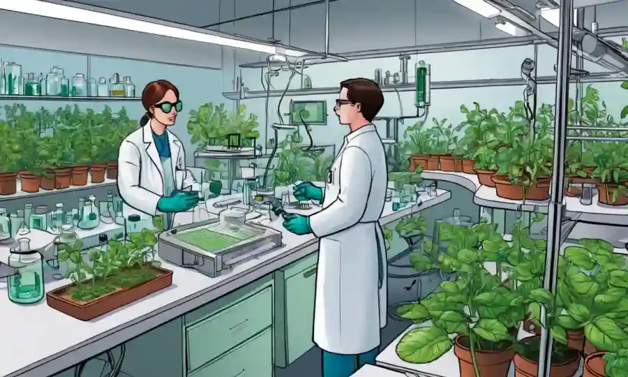 Investigadores que examinan interacciones entre plantas y microbios en un entorno de laboratorio.