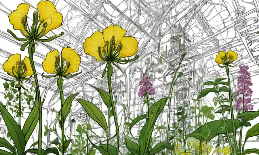 Estructuras similares a flor en tallos de plantas rodeadas de fórmulas químicas y diagramas.