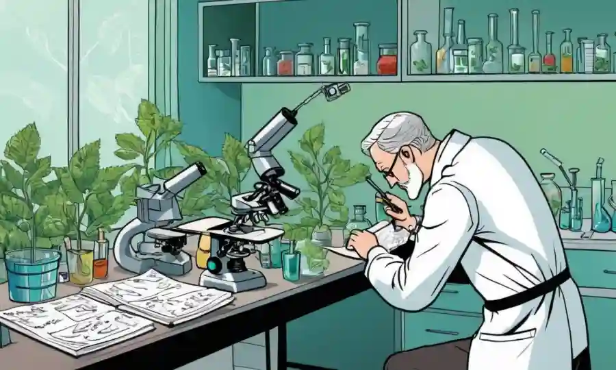 Científico que estudia plantas en laboratorio con microscopios y notas.
