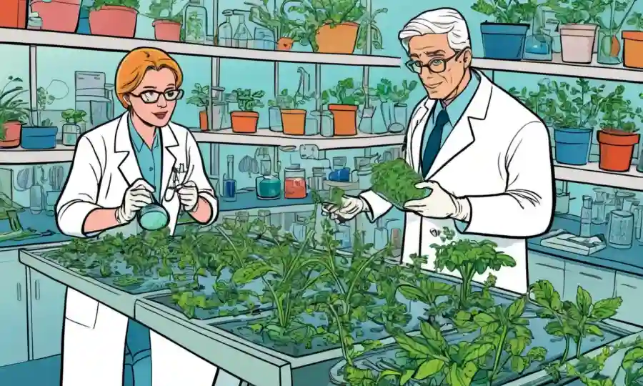 Científicos que examinan plantas y bacterias en un laboratorio para mejorar la seguridad alimentaria.