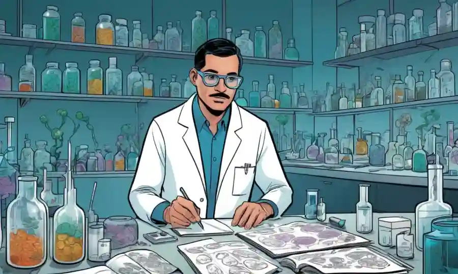Un investigador en un laboratorio rodeado de muestras microscópicas y notas sobre el concepto de endofitas.