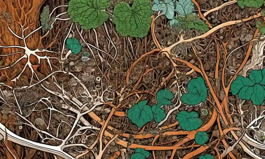 Imágenes microscópicas de raíces vegetales y hongos entrelazados, con conceptos y gráficos de datos que rodean.