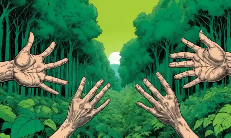 Una imagen de pantalla dividida que contrasta con el exuberante crecimiento forestal verde (endófitos) con manos humanas y caras que representan el bienestar social.