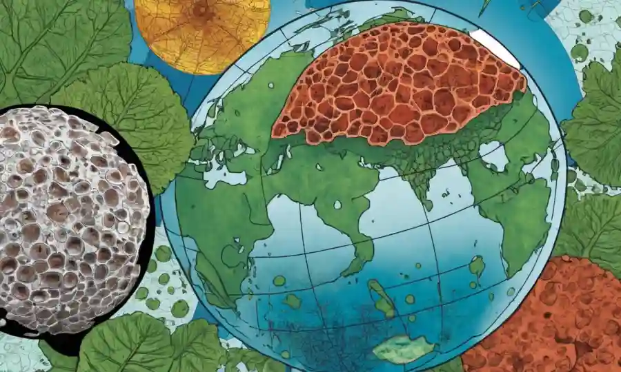 Una imagen microscópica de células vegetales que contienen organismos fúngicos beneficiosos con un globo y gráficos del cambio climático en el fondo.