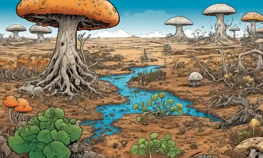 Una ilustración de hongos endofiticos rodeados de símbolos del cambio climático como las temperaturas crecientes y la sequía.