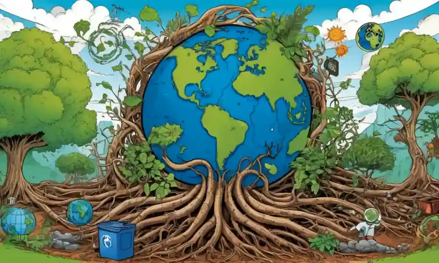 Imagen con raíces vegetales interconectadas rodeadas de iconos inspirados en el cambio climático (por ejemplo