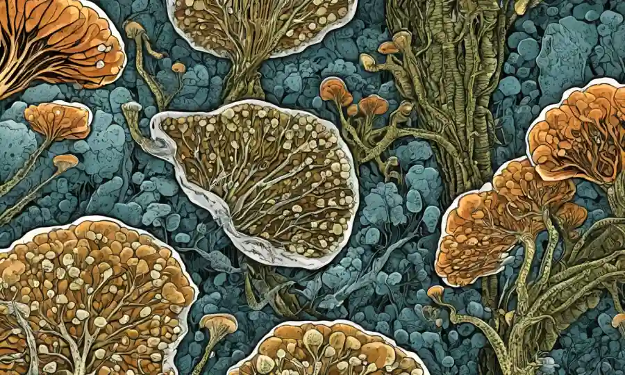 Imagen microscópica de estructuras fúngicas dentro de los tejidos vegetales.