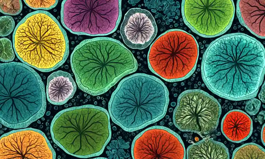 Imagen microscópica de organismos parecidos a hongos dentro de las células vegetales con superposición de gráficos.