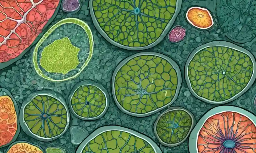 Imagen microscópica de células vegetales, con texto científico y diagramas en el fondo.
