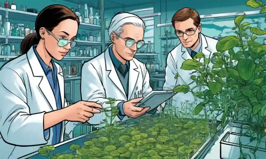Investigadores científicos que estudian endofitas y plantas en un entorno de laboratorio.
