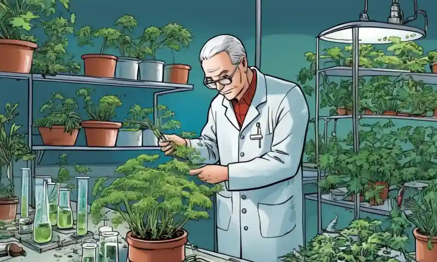 Un investigador que estudia la correlación entre hongos endofiticos y plantas anfitrionas en un laboratorio científico.