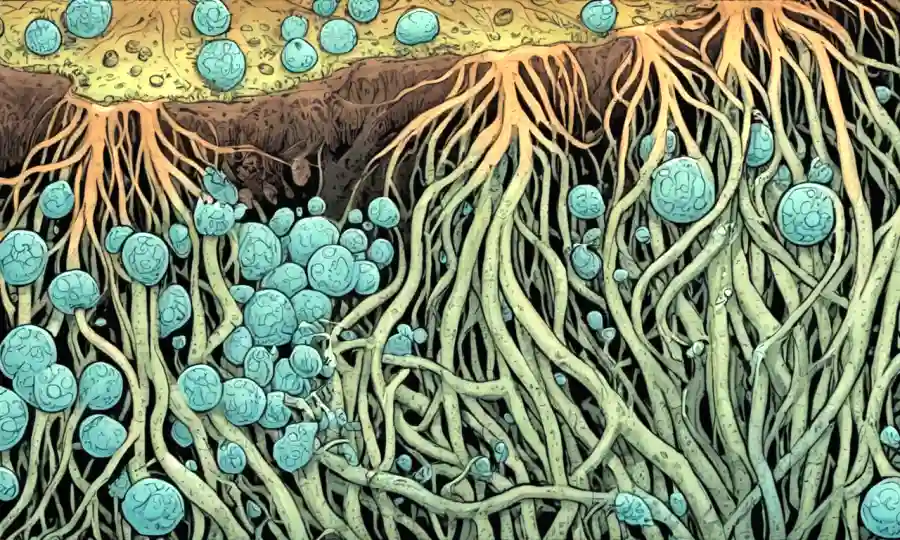 Un sistema de raíces de plantas con hongos pequeños o bacterias que crecen entre sus células.