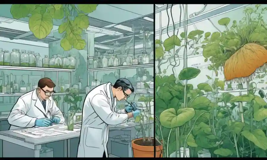 Una imagen de pantalla dividida con hongos endofiticos creciendo dentro de hojas de planta en un lado